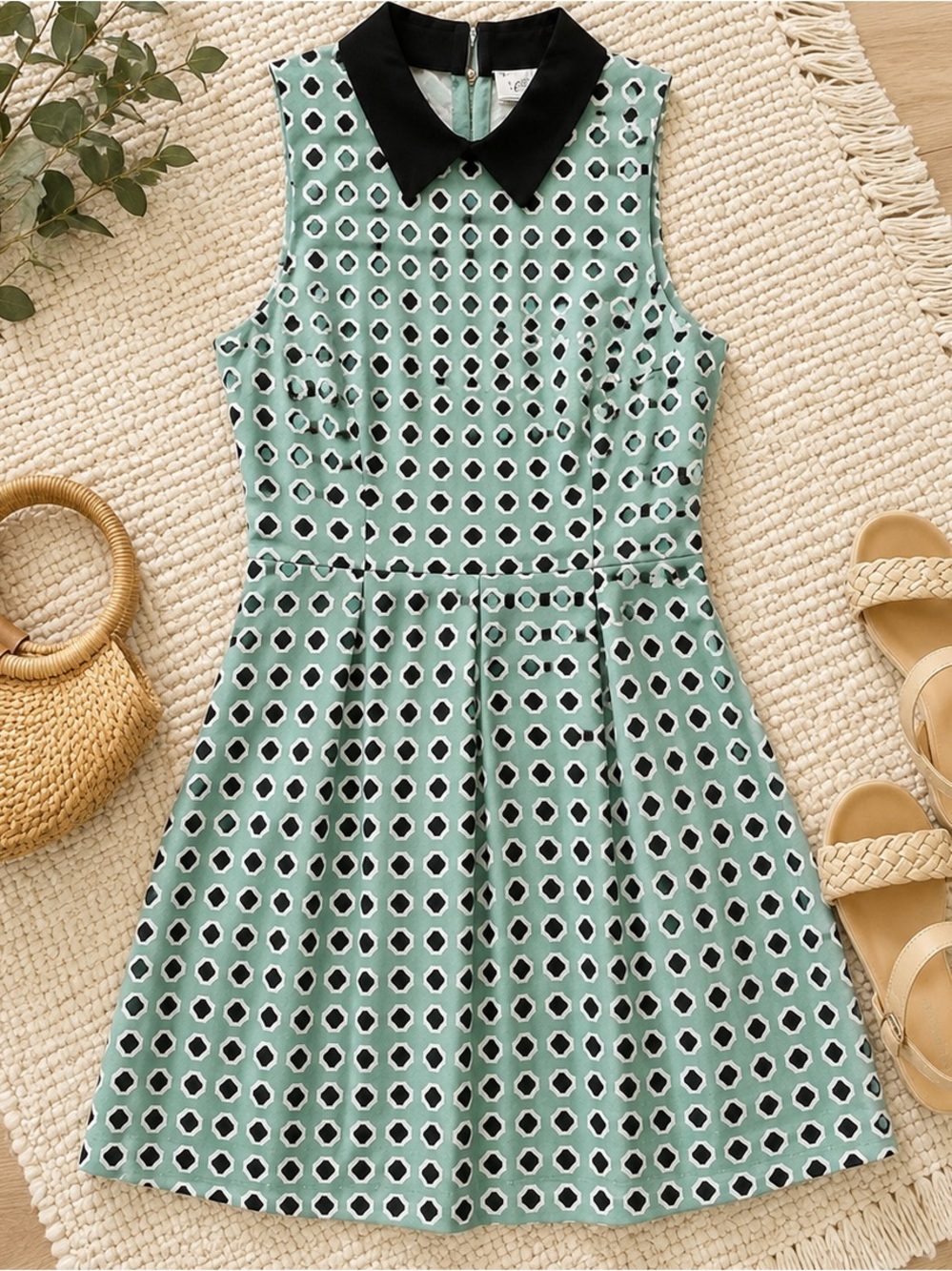 Closet London Mint Green Blue White Geometric Sleeveless Dress Size US 6 Uk10